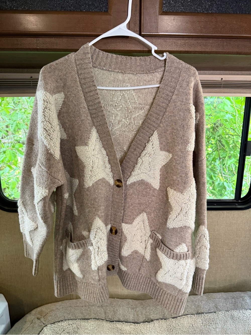 Taupe Star-Pattern V-Neck Button Cardigan Sweater - Women